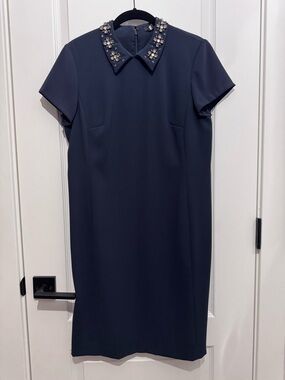 Ann Taylor Navy Midi Dress with Jeweled Collar